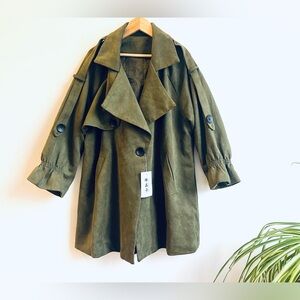 Normcore Boho Olive Oversized Microsuede Trench Coat with Lantern Sleeves
